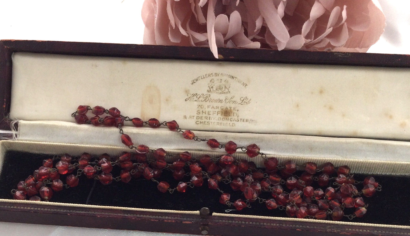 Antique Vintage Old Victorian Ruby Red Glass Beads Necklace Opera length