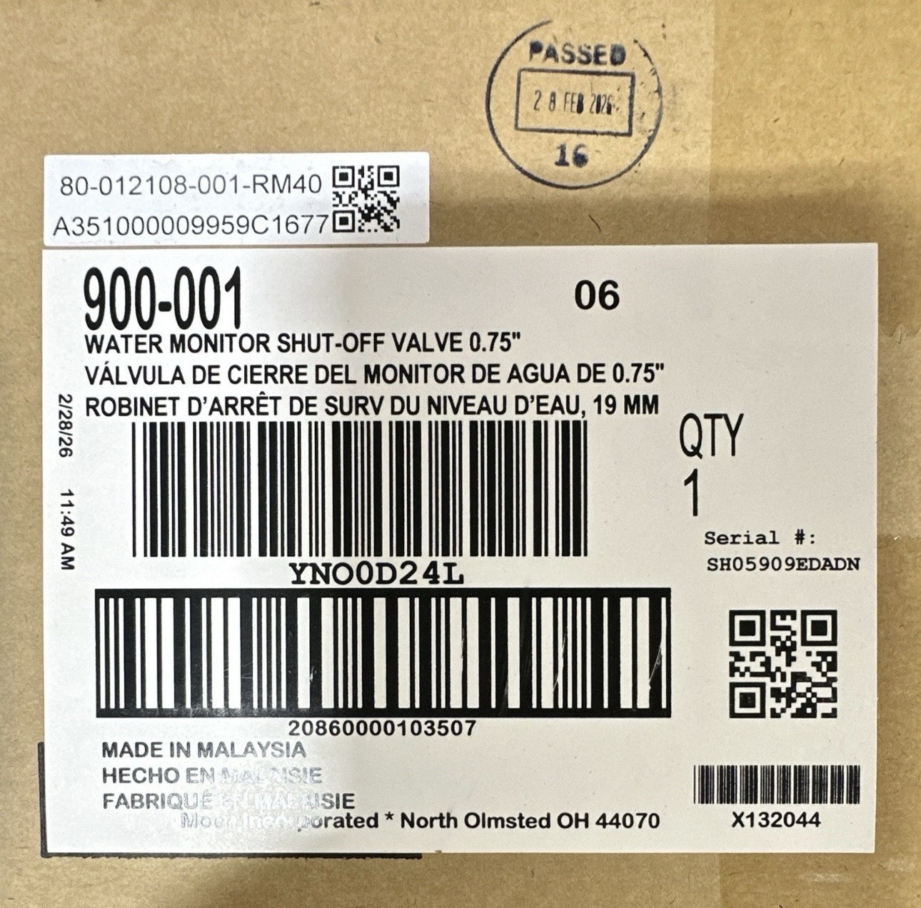 Water Monitor Shut-Off Valve 0.75 in for Water, MPN 900-001, Qty 1