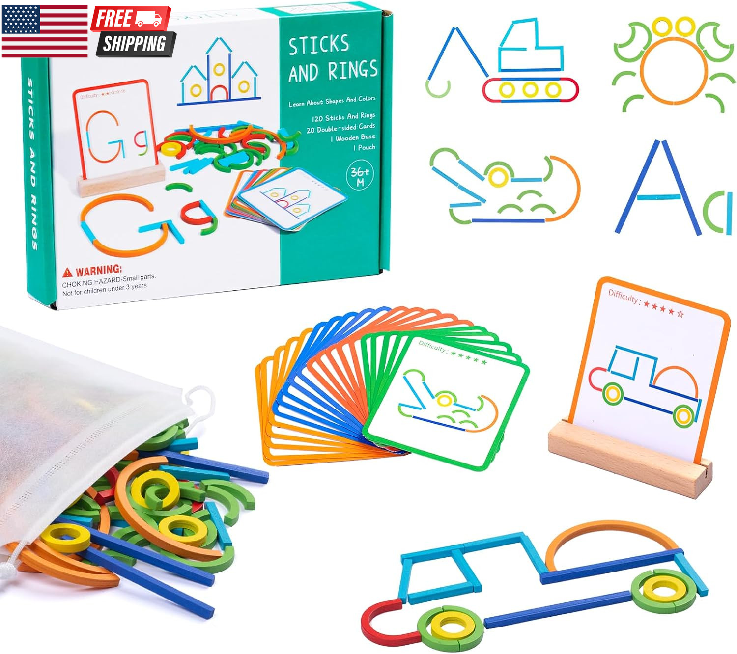 142Pcs Wooden Pattern Blocks Montessori Smart Sticks Wooden Tangram Puzzle STEM 142Pcs Wooden Pattern Blocks Montessori Smart Sticks Wooden Tangram Puzzle STEM
