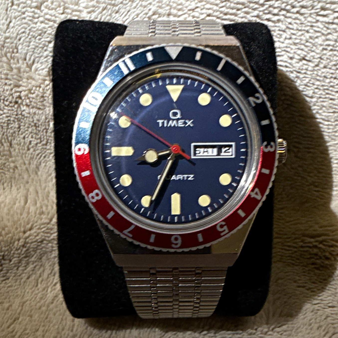 Timex Q Quartz Day/Date Pepsi Wristwatch Blue Dial Red/Blue Bezel Steel Bracelet