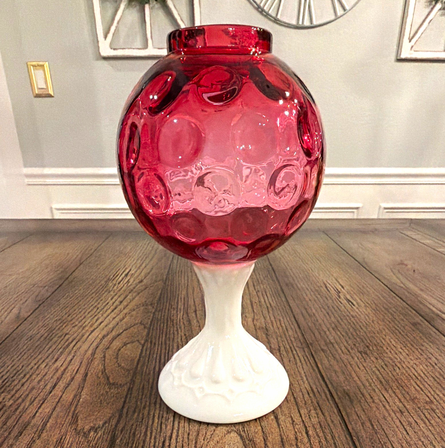 Vintage MCM 1970\'s Dot Optic Ruby And Milk Glass Tall Fairy Lamp 9 1/2\