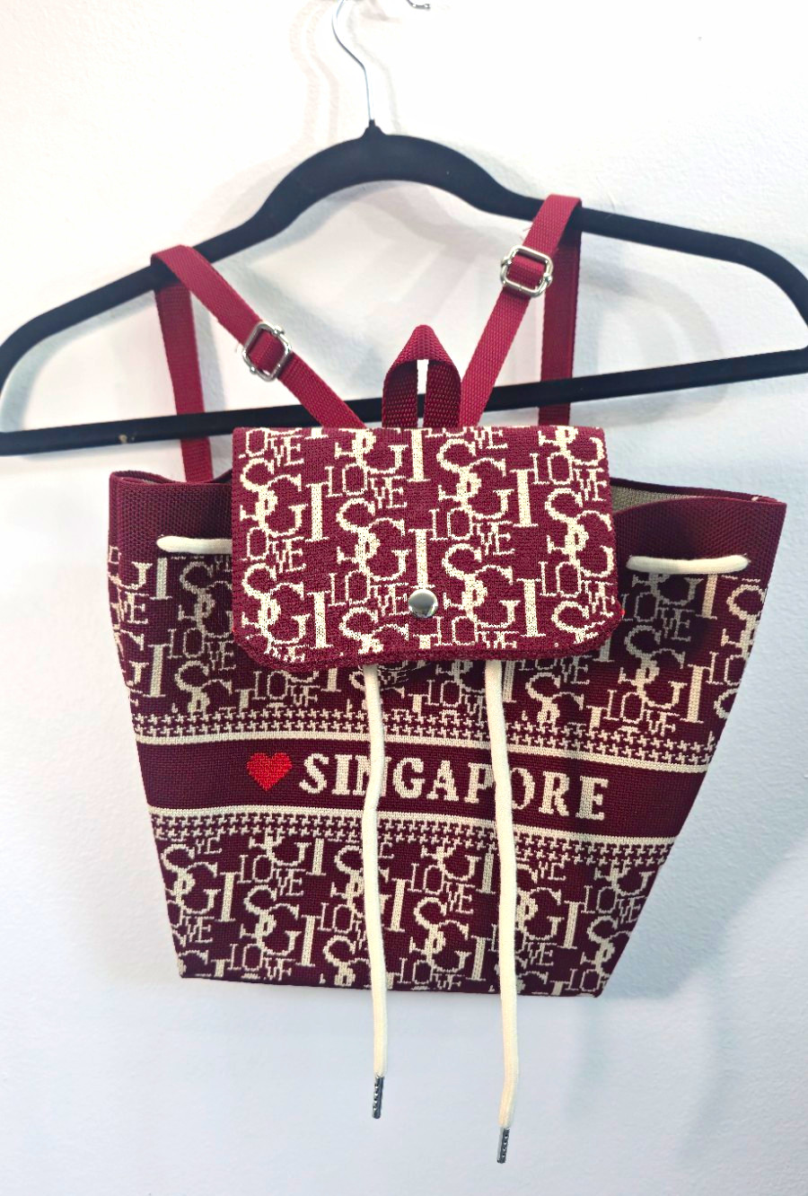 Vintage I Love Singapore Drawstring Backpack Burgundy Monogram Travel Bag Vintage I Love Singapore Drawstring Backpack Burgundy Monogram Travel Bag