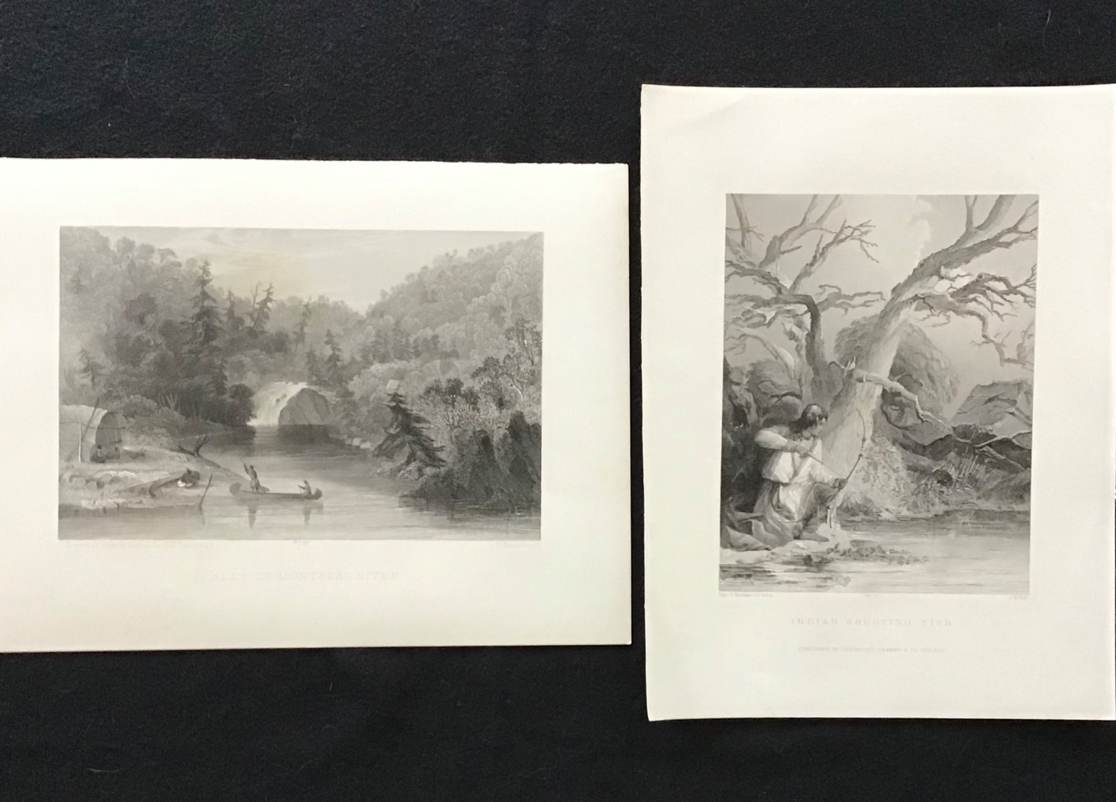 1850's, INDIAN SHOOTING FISH & MONTREAL RIVER,  Seth Eastman Lithograph Prints.