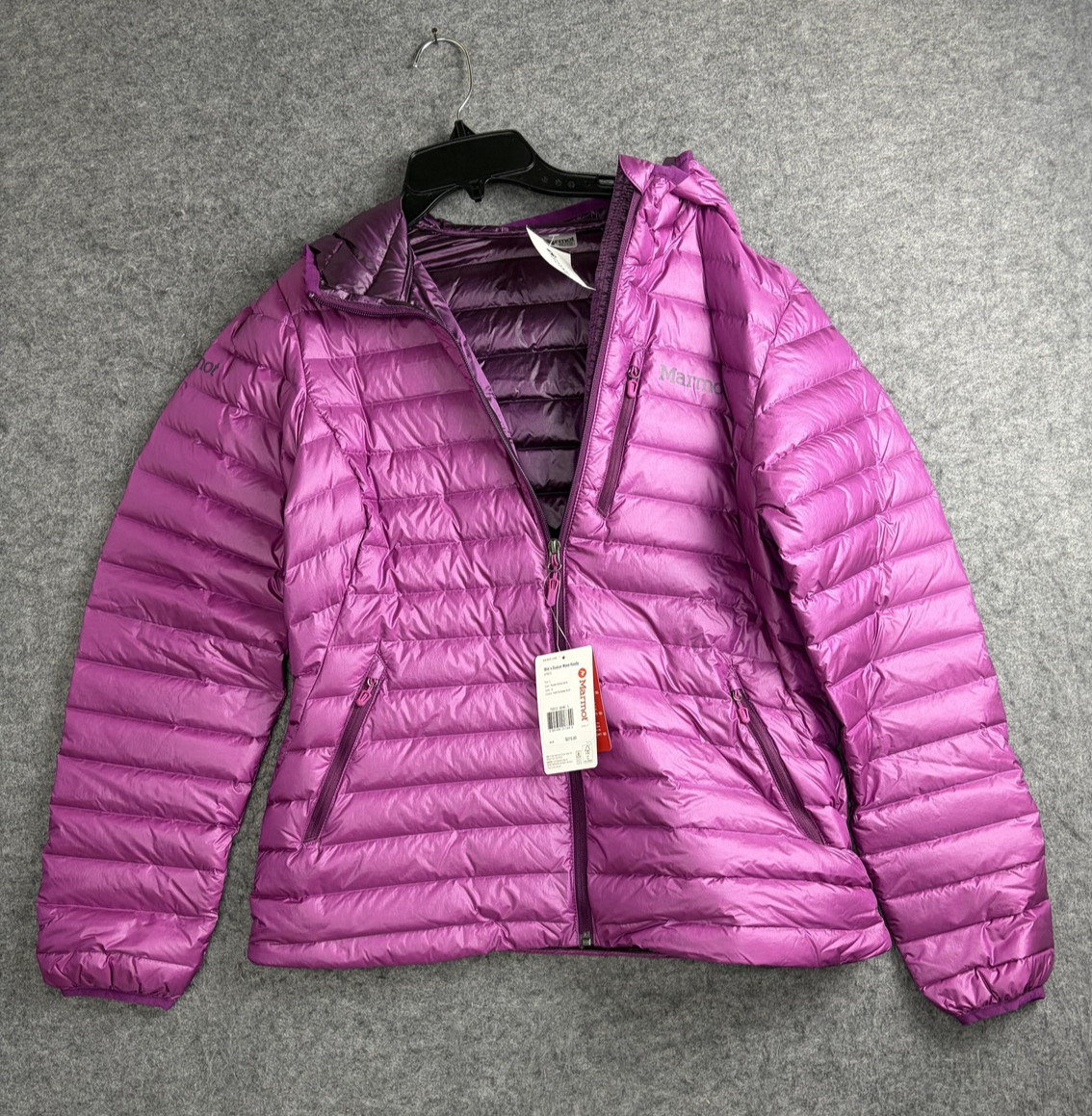 Marmot Quasar Nova Jacket Womens Large Purple Hooded Down Puffer Full Zip