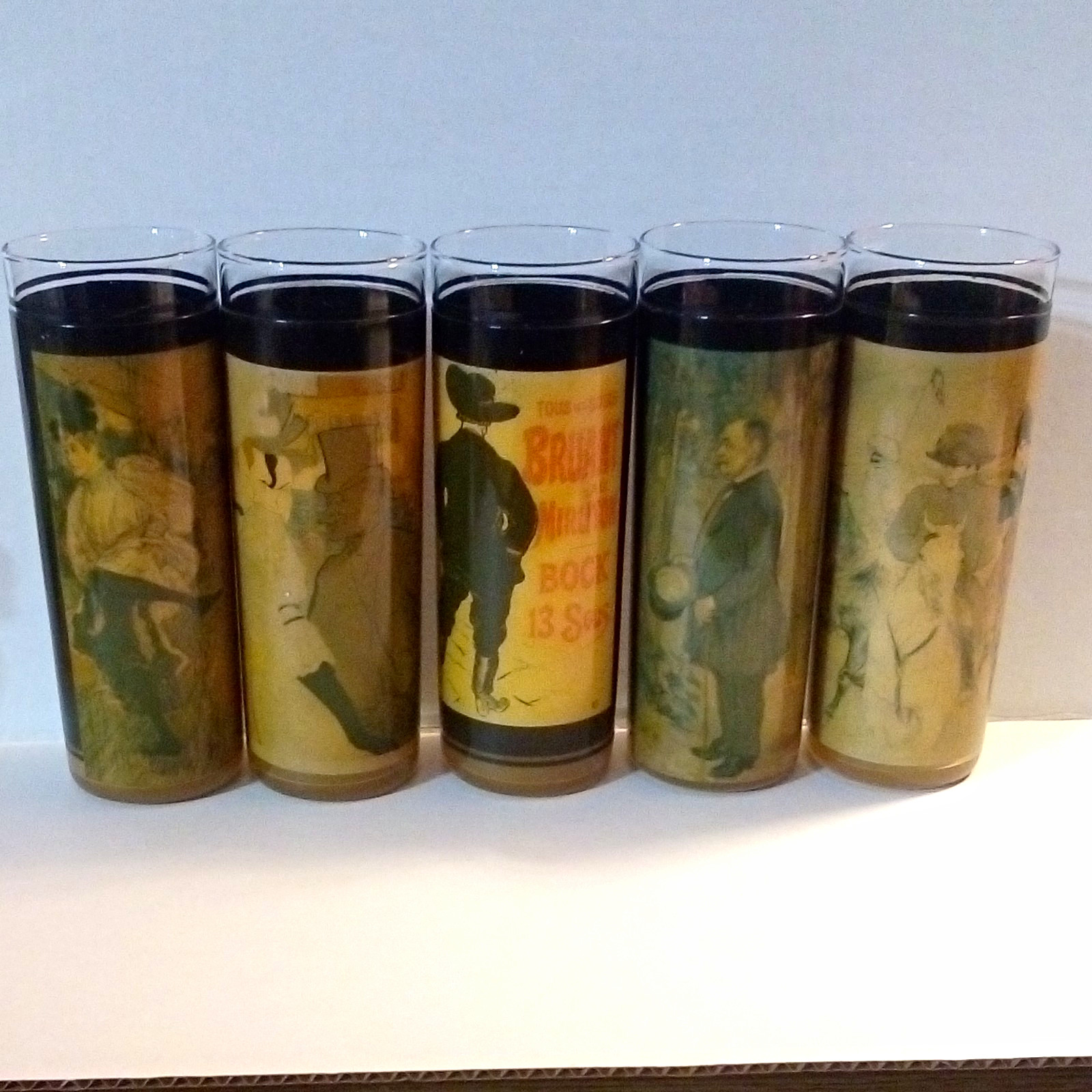 Vtg Toulouse Lautrec Highball Glasses Set 5 Vue-Lon Ware MCM Barware *FREE SHIP*