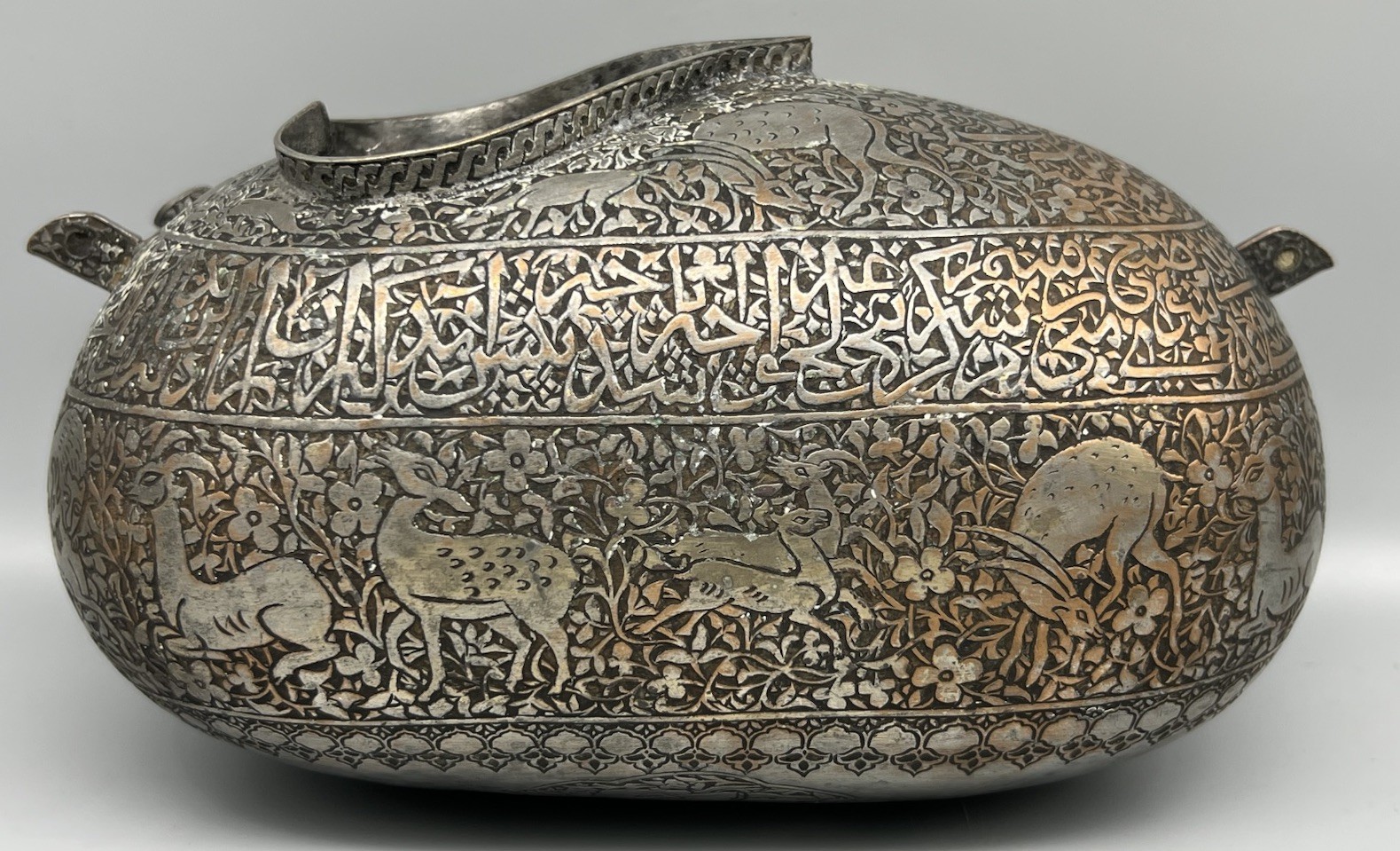 Qajar Tinned Copper Monumental Rare Sufi Bowl Fine Calligraphy Kashkul Bowl Qajar Tinned Copper Monumental Rare Sufi Bowl Fine Calligraphy Kashkul Bowl