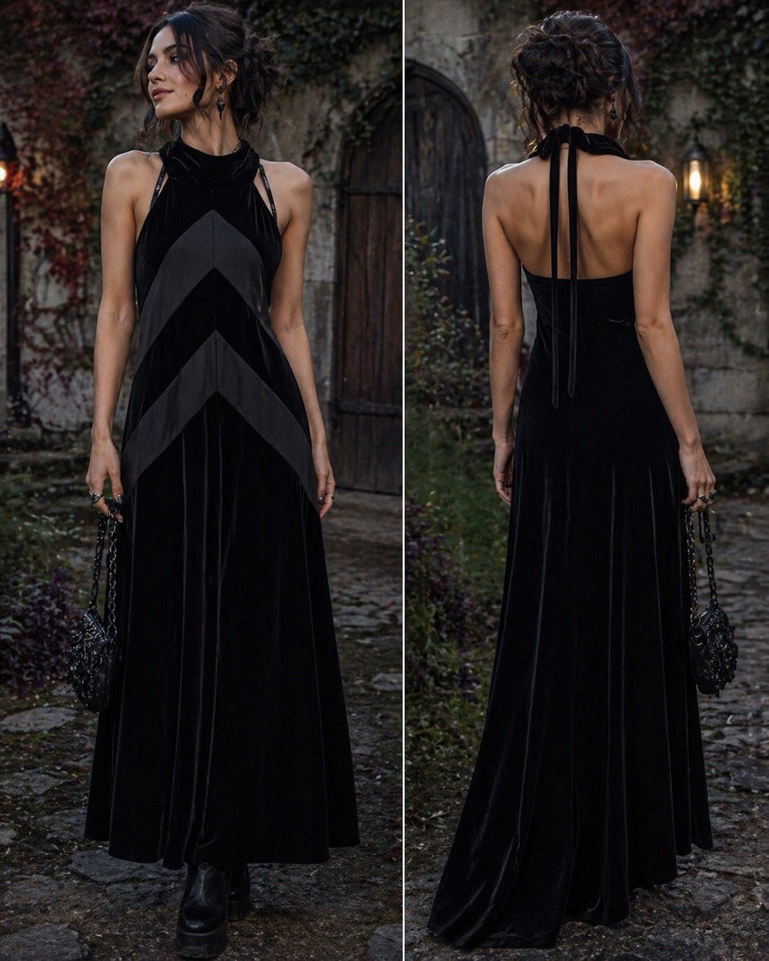 Vintage Velvet Maxi Dress Women 8 Black Halter Stripe Goth Vampy HOCO Prom