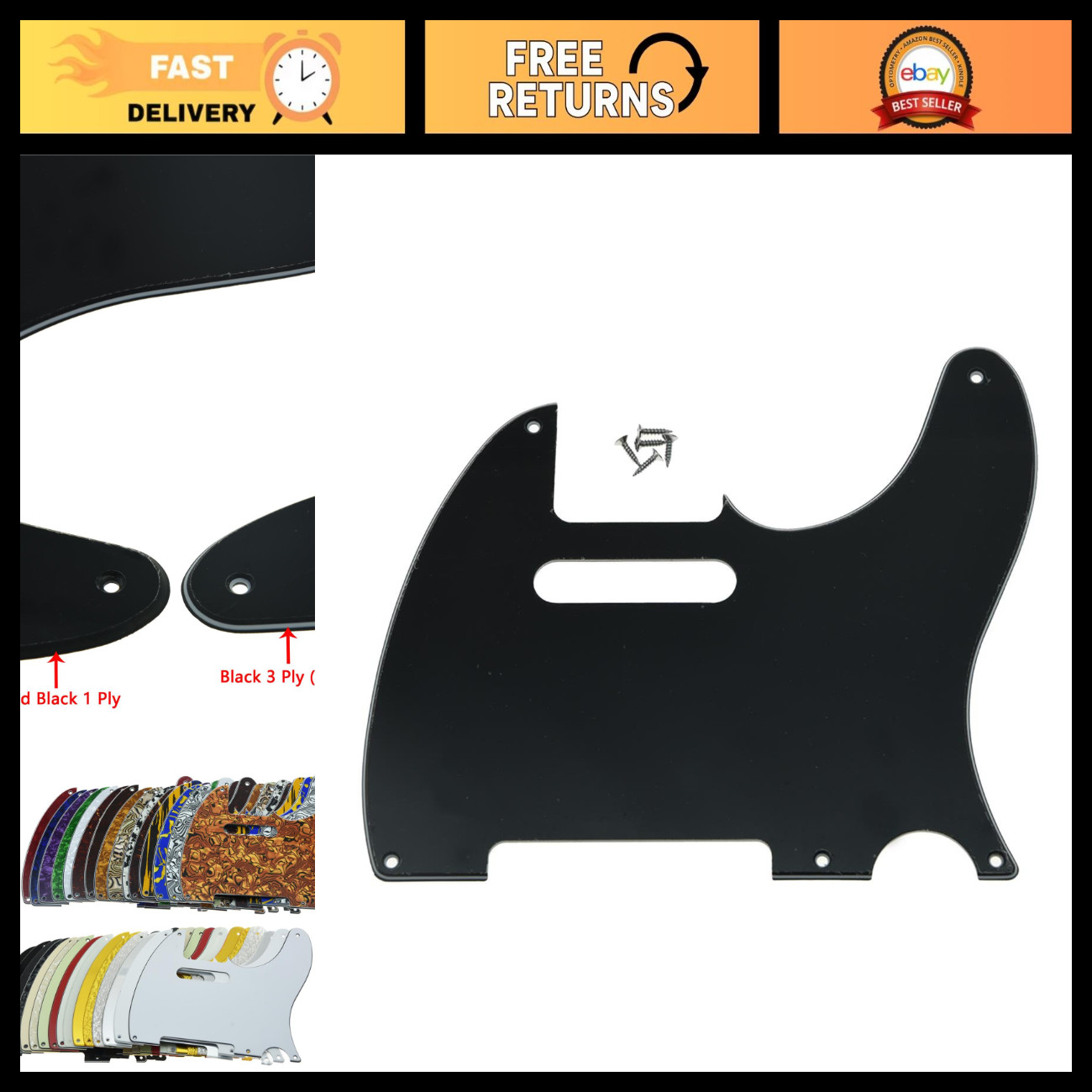Vintage 5-Hole Telecaster Pickguard - Black 3-Ply Scratch Plate for TL Guitar