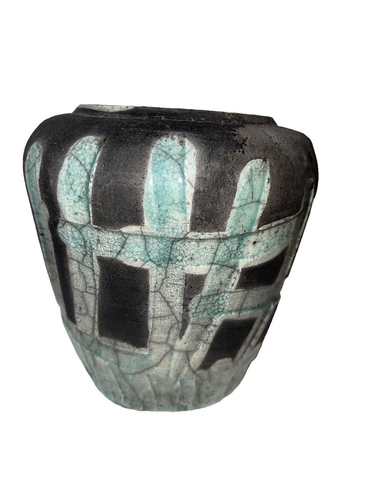 Rare Vintage Raku Pottery Vase Signed Green Black Rare Vintage Raku Pottery Vase Signed Green Black