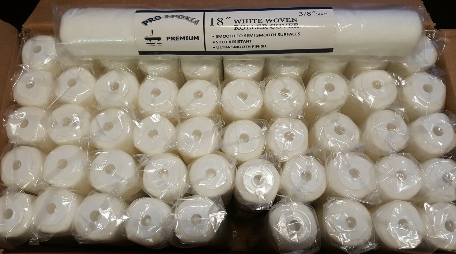 18 Inch Roller Cover 3/8 Nap Pro-Epoxia Premium IMPROVED White Woven 50pack