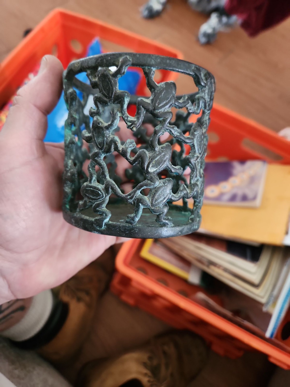 Vintage Patinated Bronze Frog Cup Holder or Candle Sleeve