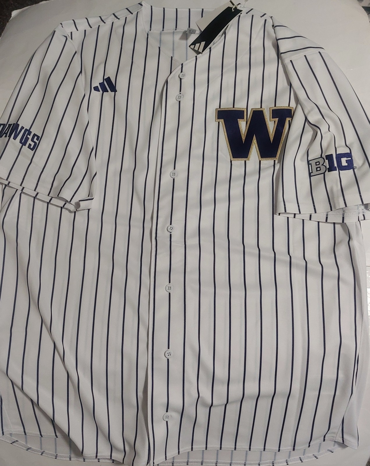 adidas Washington Huskies Mens 2XL White Pinstripe Baseball Jersey Big 10 NWT