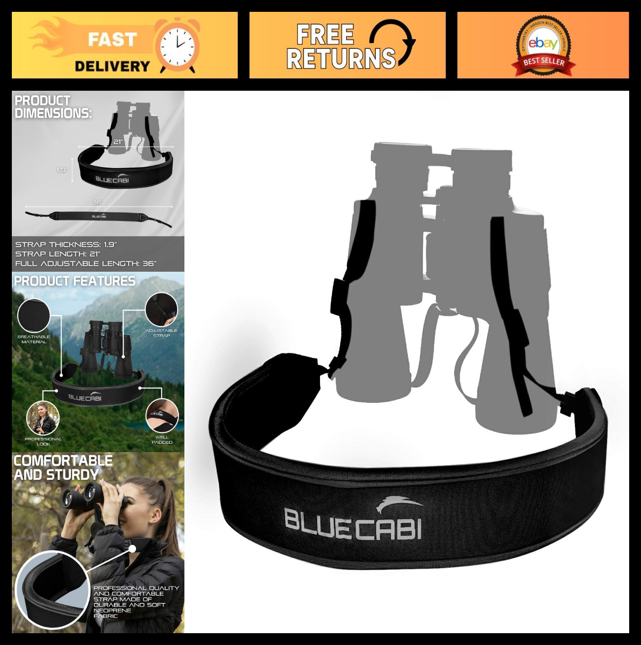 Neoprene Anti-Slip Neck Strap for Cameras & Binoculars - Comfortable & Durable
