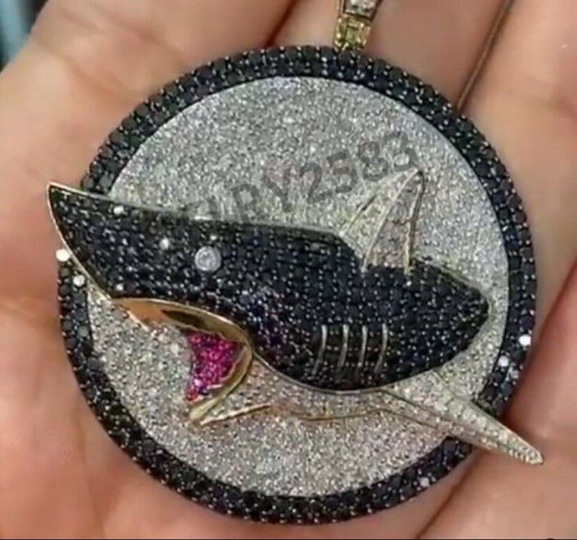 4.8Ct Cubic Zirconia Mens Custom Initial Angry Shark Pendant 925 Silver