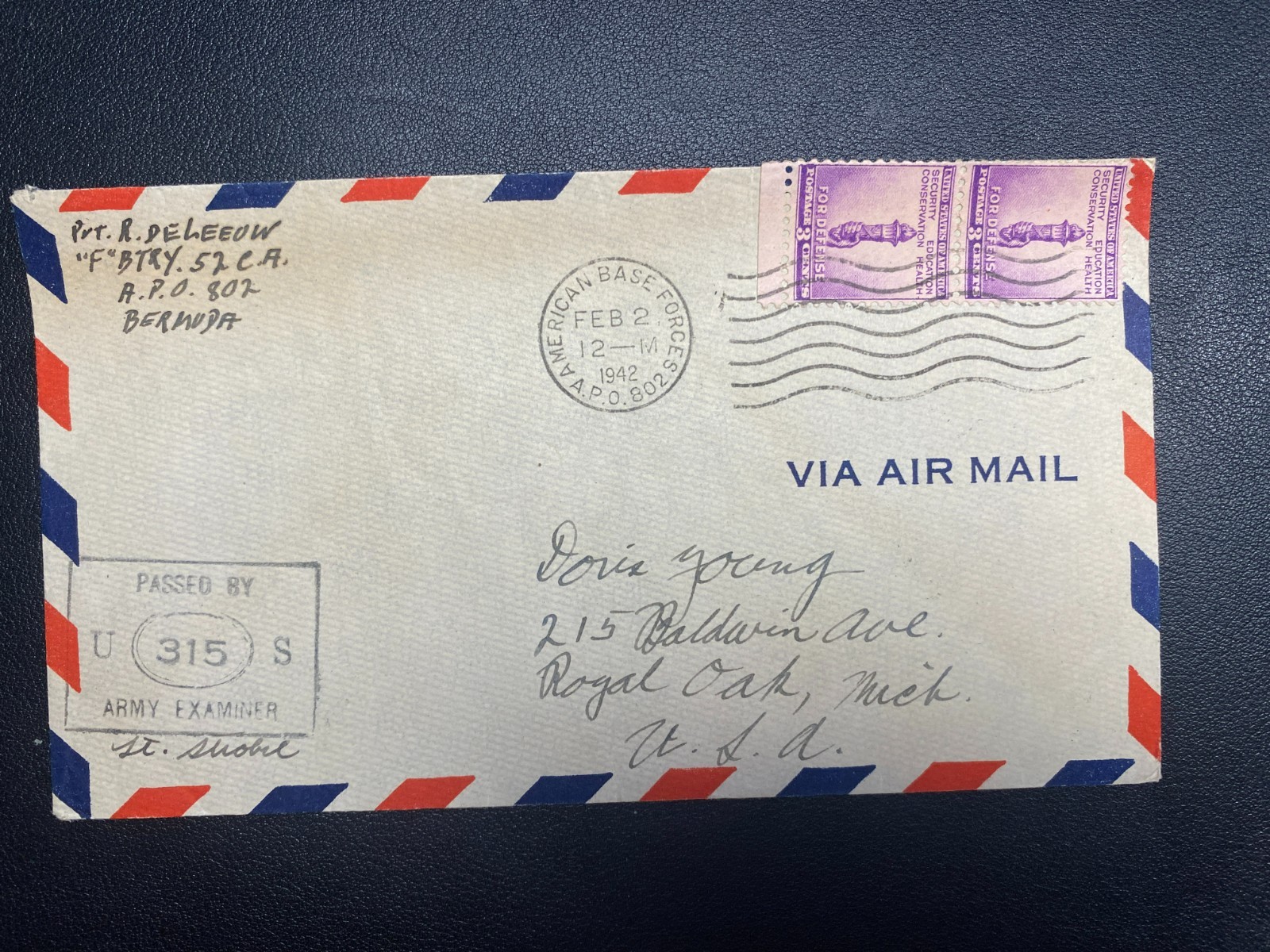 1942 WWII Bermuda American Base Forces APO 802 Military Airmail Censored Cover 1942 WWII Bermuda American Base Forces APO 802 Military Airmail Censored Cover