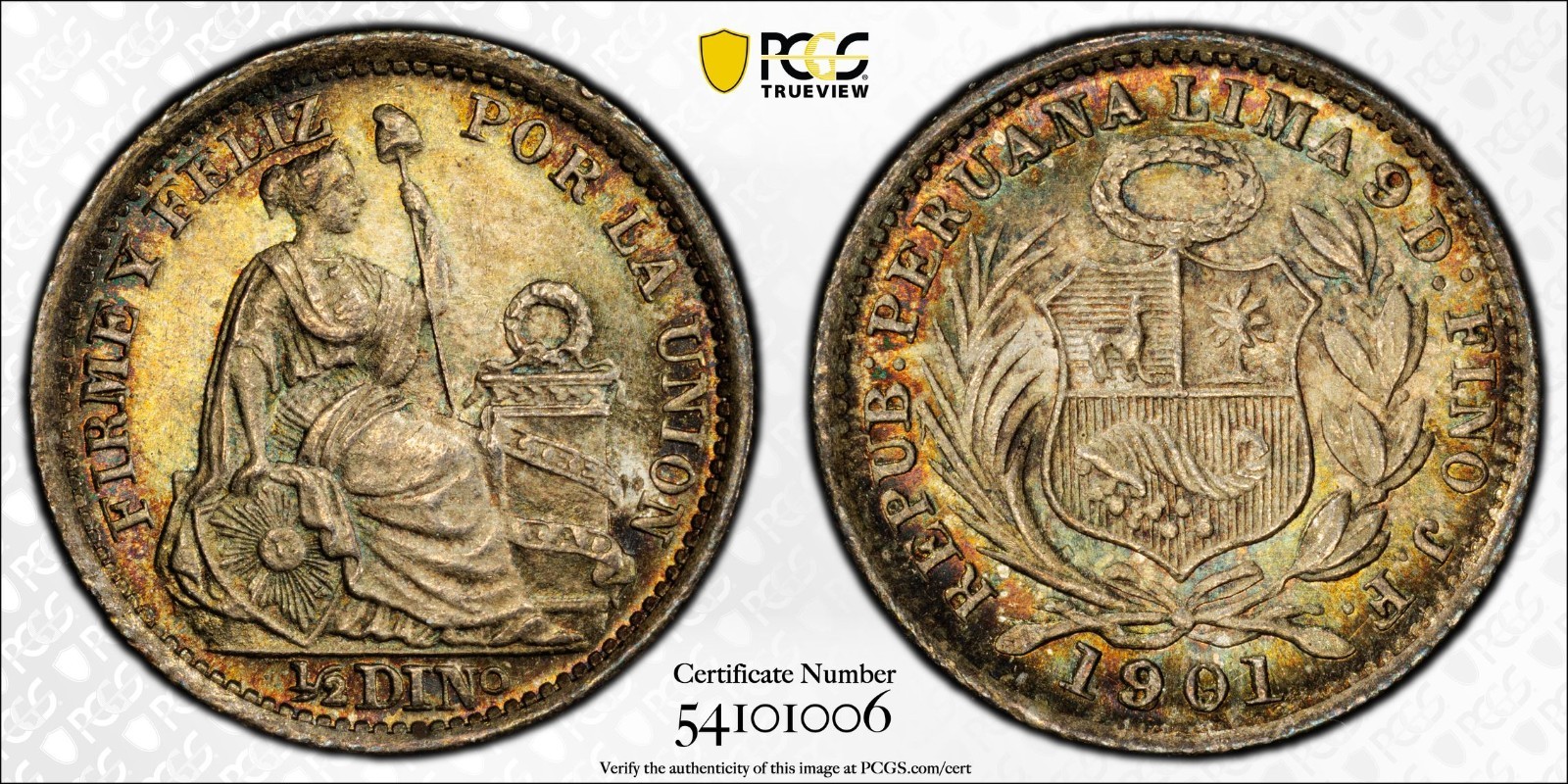1901/891 Peru 1/2 Dino PCGS MS 65 Beautifully Toned Original Choice Gem 1901/891 Peru 1/2 Dino PCGS MS 65 Beautifully Toned Original Choice Gem