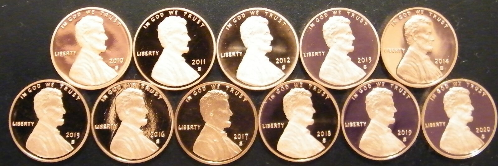 2010~2019 Lincoln Shield Gem Proof Penny Decade Run From Proof Sets
