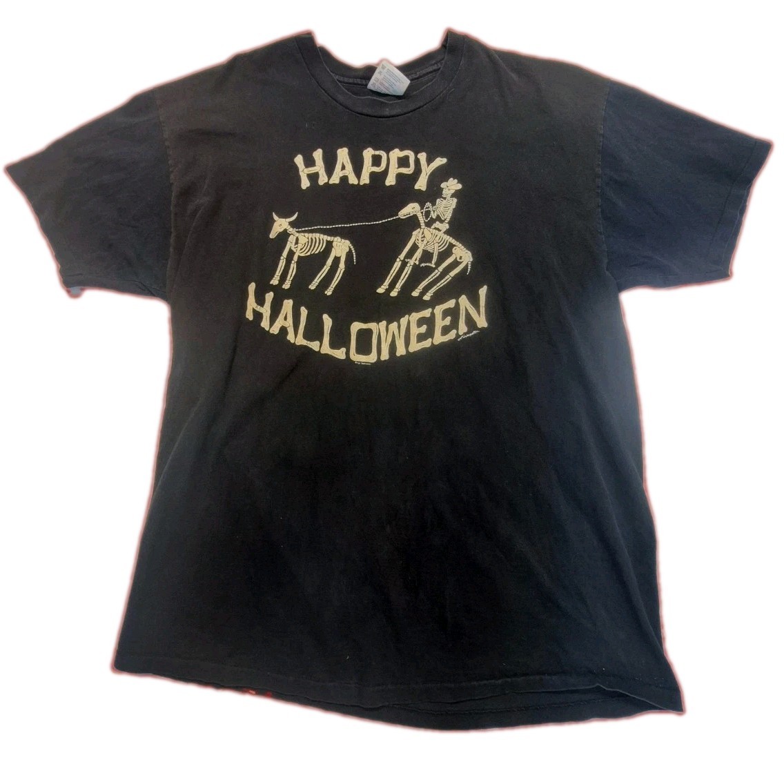 Vintage 90s Hanes Happy Halloween Skeleton Cowboy T Shirt Single Stitch XL Black