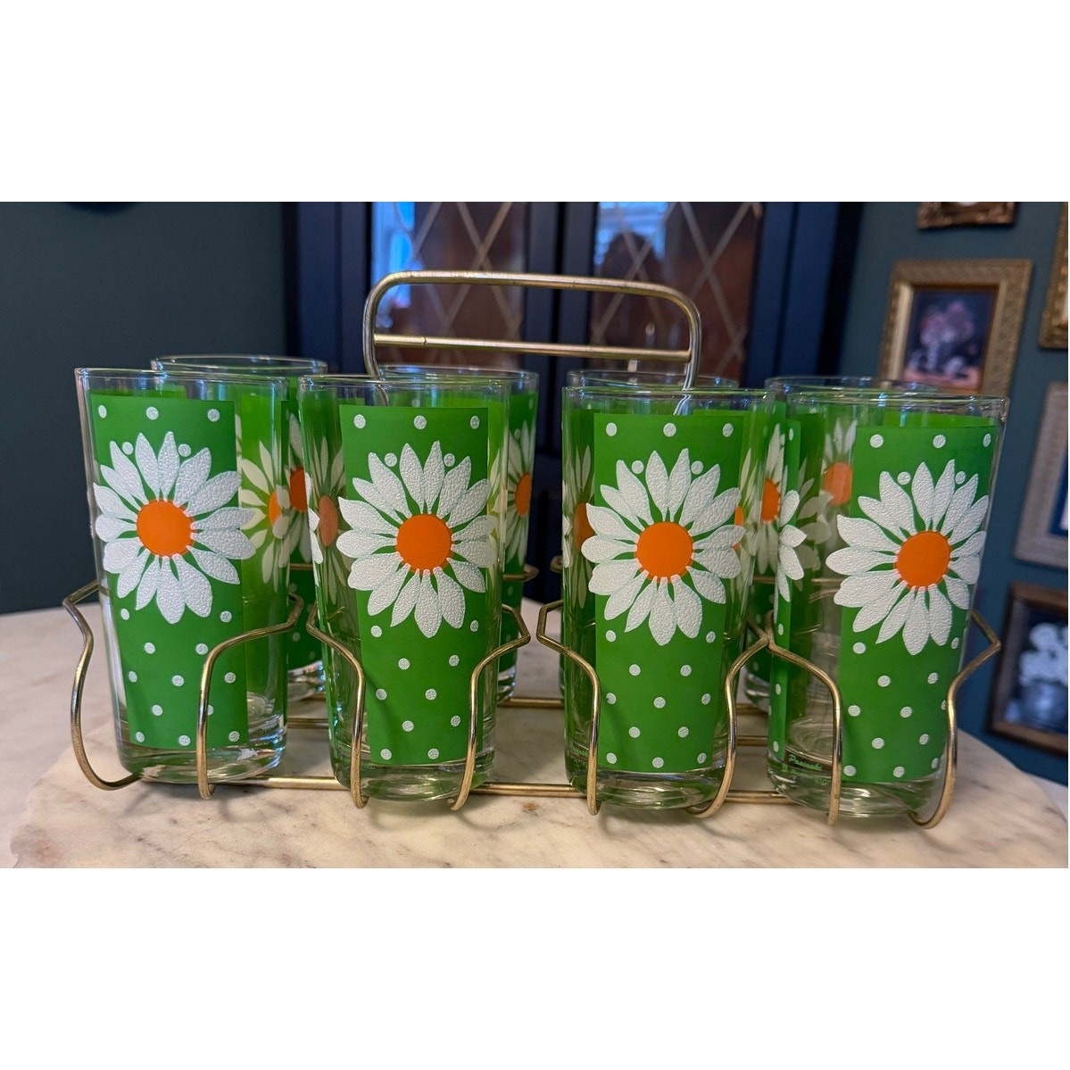 Vintage 1960s Pasinski Signed Daisy Glasses Set of 8 with Metal Caddy Crate
