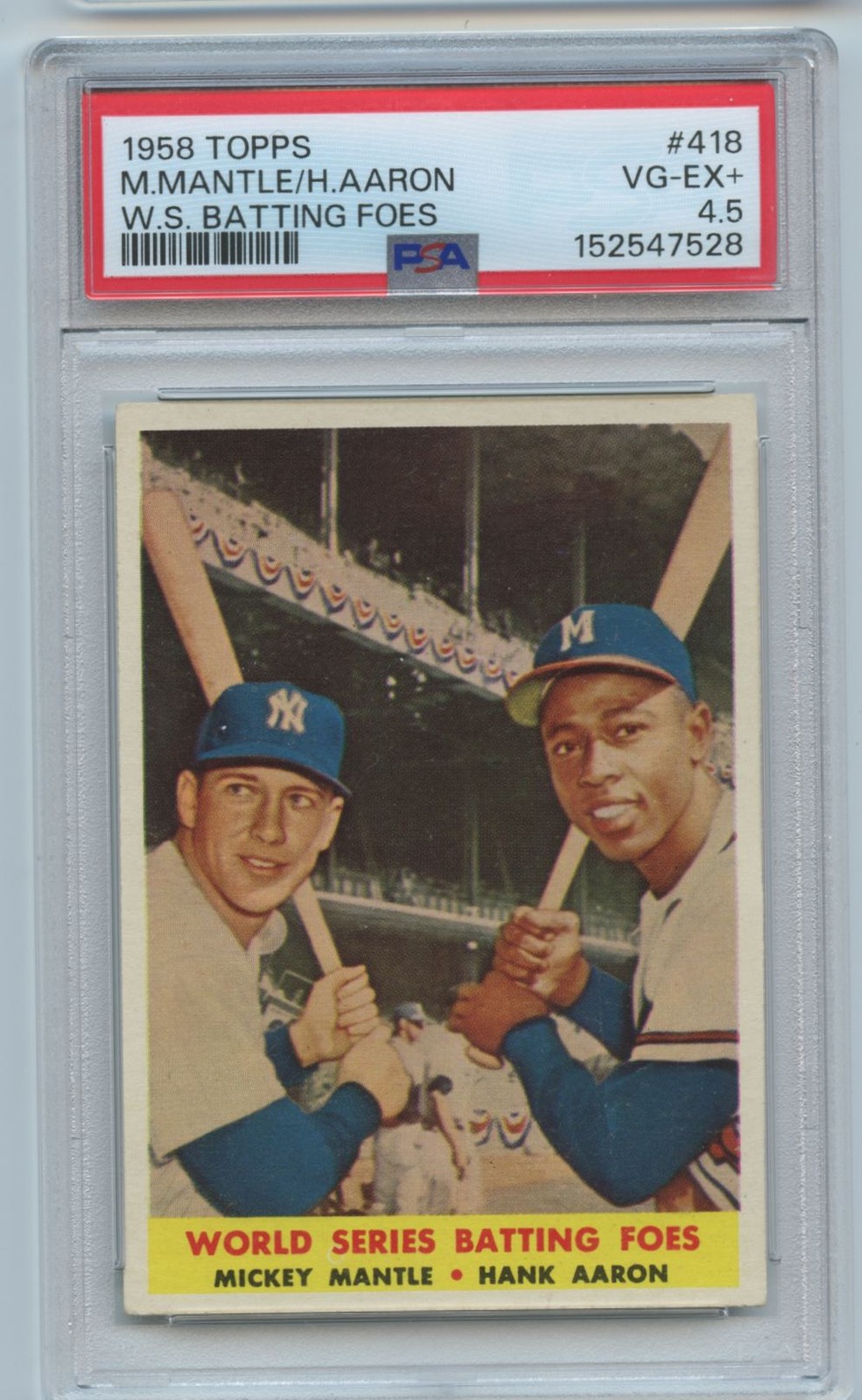 1958 Topps Perfectly Centered WS Batting Foes Mickey Mantle/Aaron PSA 4.5 #418 1958 Topps Perfectly Centered WS Batting Foes Mickey Mantle/Aaron PSA 4.5 #418