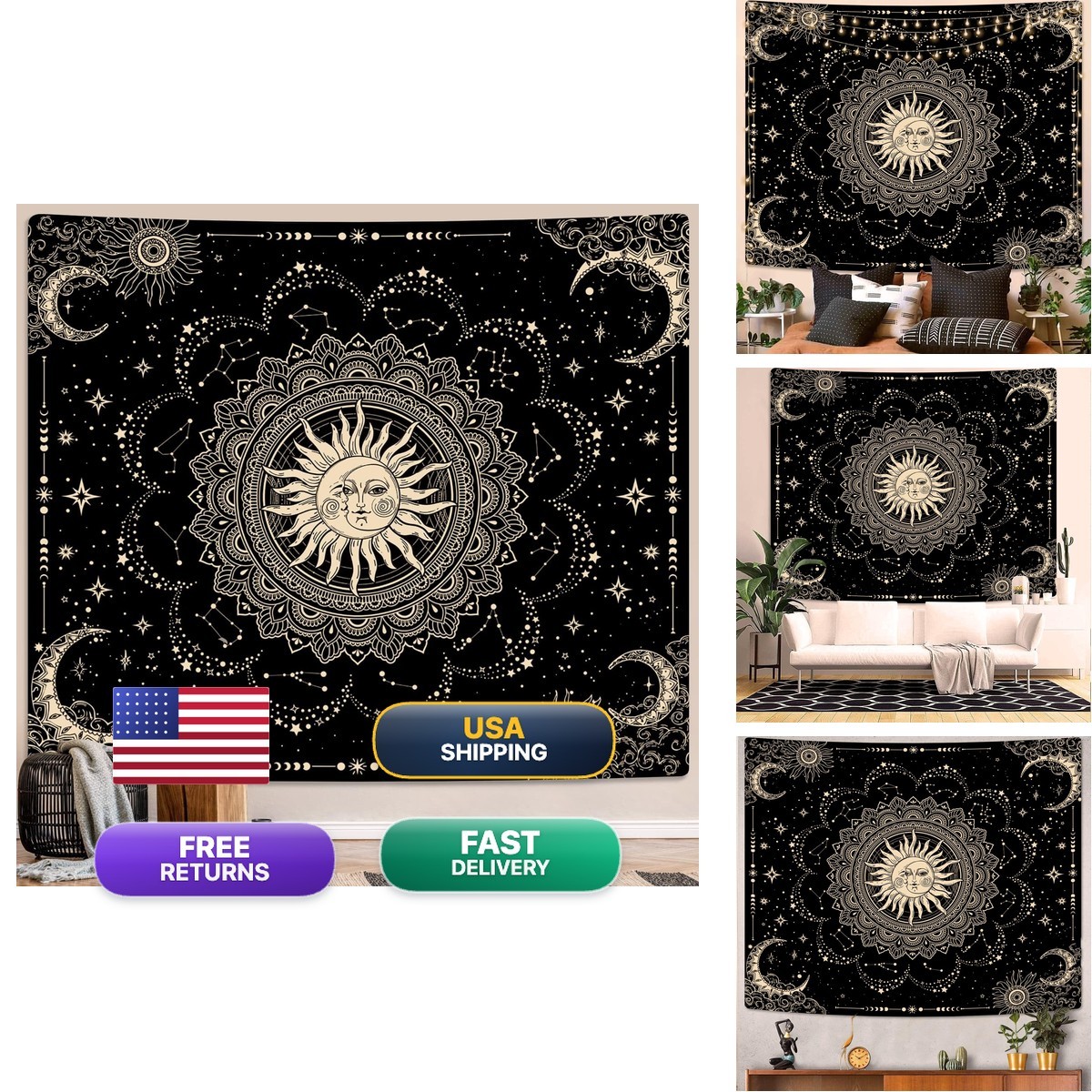 ARTCREATOR Sun And Moon Tapestry, Black Golden Mandala Tapestries Astrology