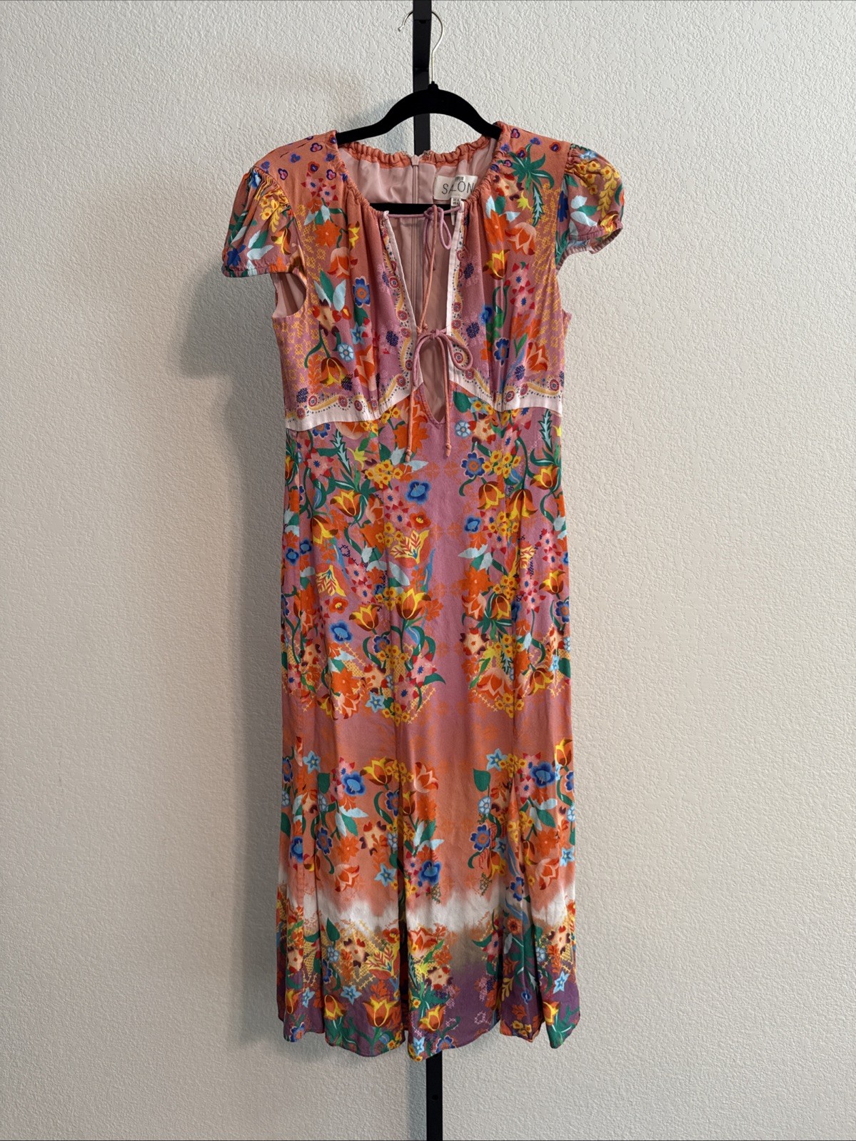 Saloni Sienna Floral Lace-Up Front Crepe Midi Dress w/ Bubble Cap Sleeves- Sz 4