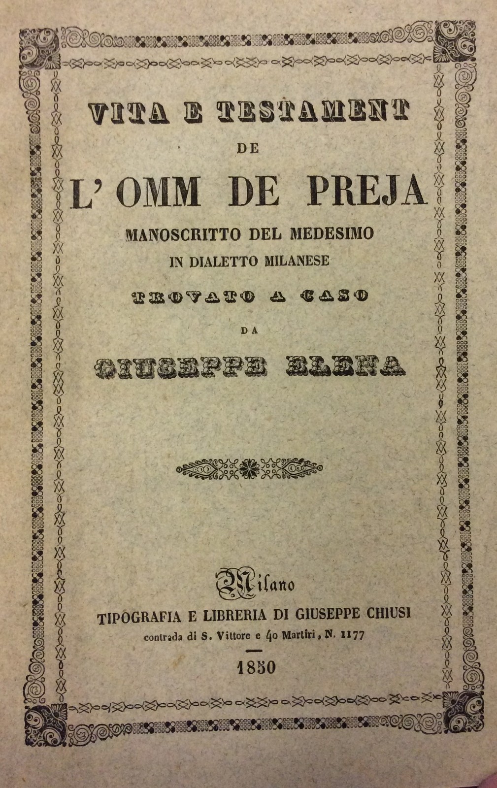 Book - ELENA Giuseppe - LIFE AND TESTAMENT DE L\'OMM DE PREJA.