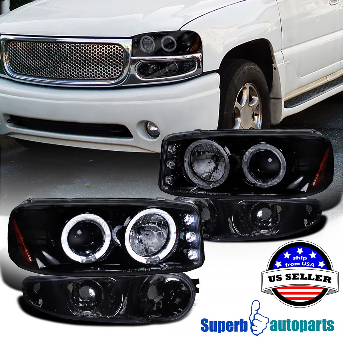 Fits 2000-2006 Sierra Denali Halo Projector Headlights+Bumper Lamps Black Smoke