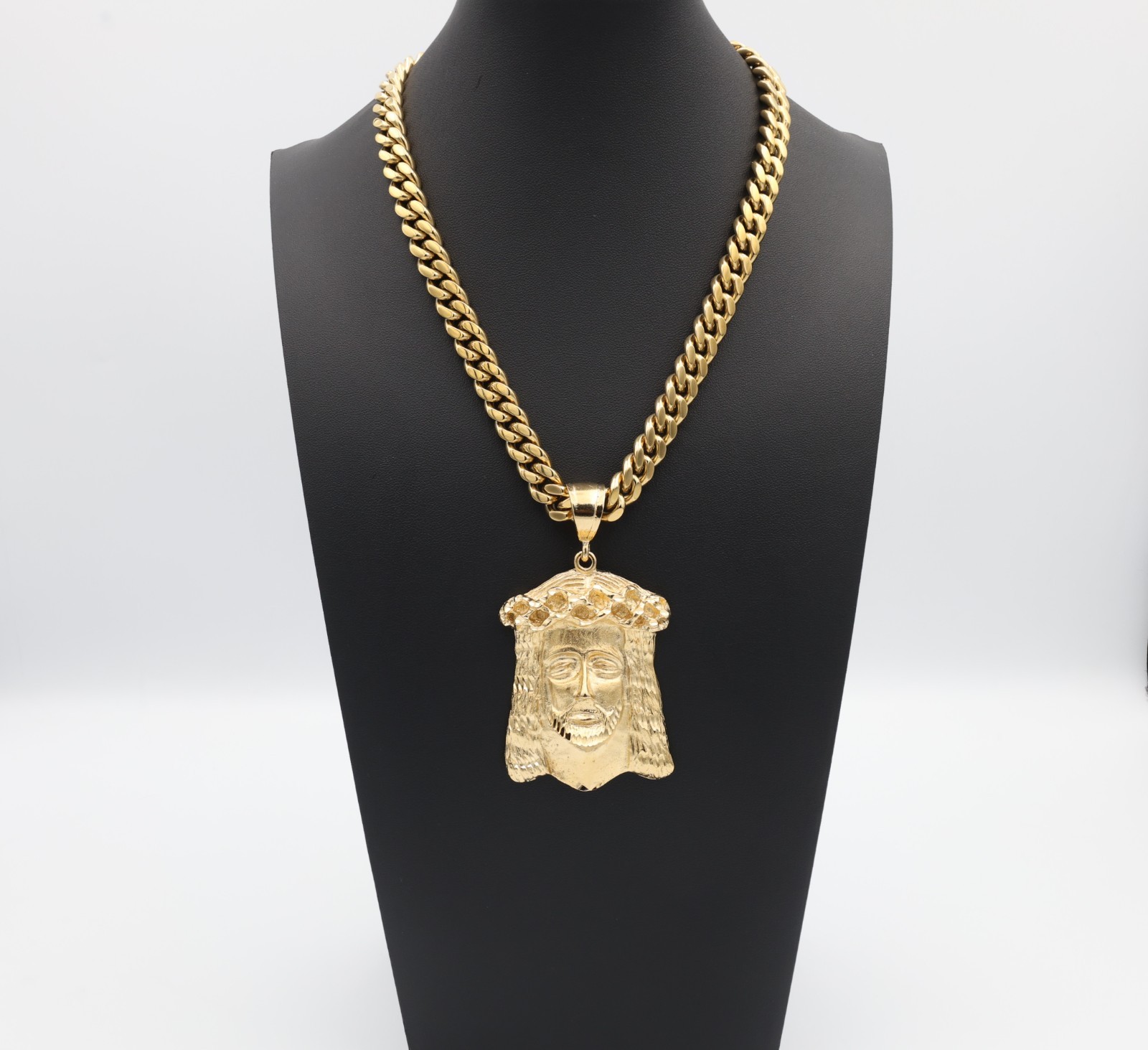 Jumbo Jesus Face Pendant Necklace, 10mm Cuban Chain, Heavy Plated Gold Jumbo Jesus Face Pendant Necklace, 10mm Cuban Chain, Heavy Plated Gold