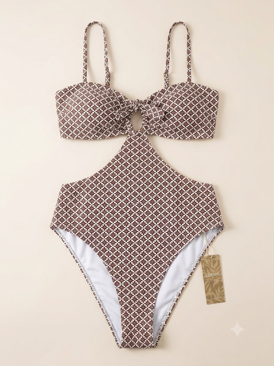 Cupshe Brown and White One piece Bathing Suit with Cut Outs Medium NWT Cupshe Brown and White One piece Bathing Suit with Cut Outs Medium NWT