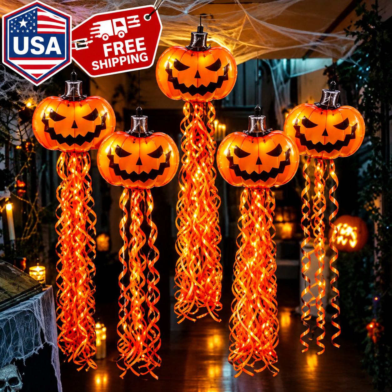 7PC Halloween Decorations Pumpkin Balloons Spiral Tassel Backdrop Party