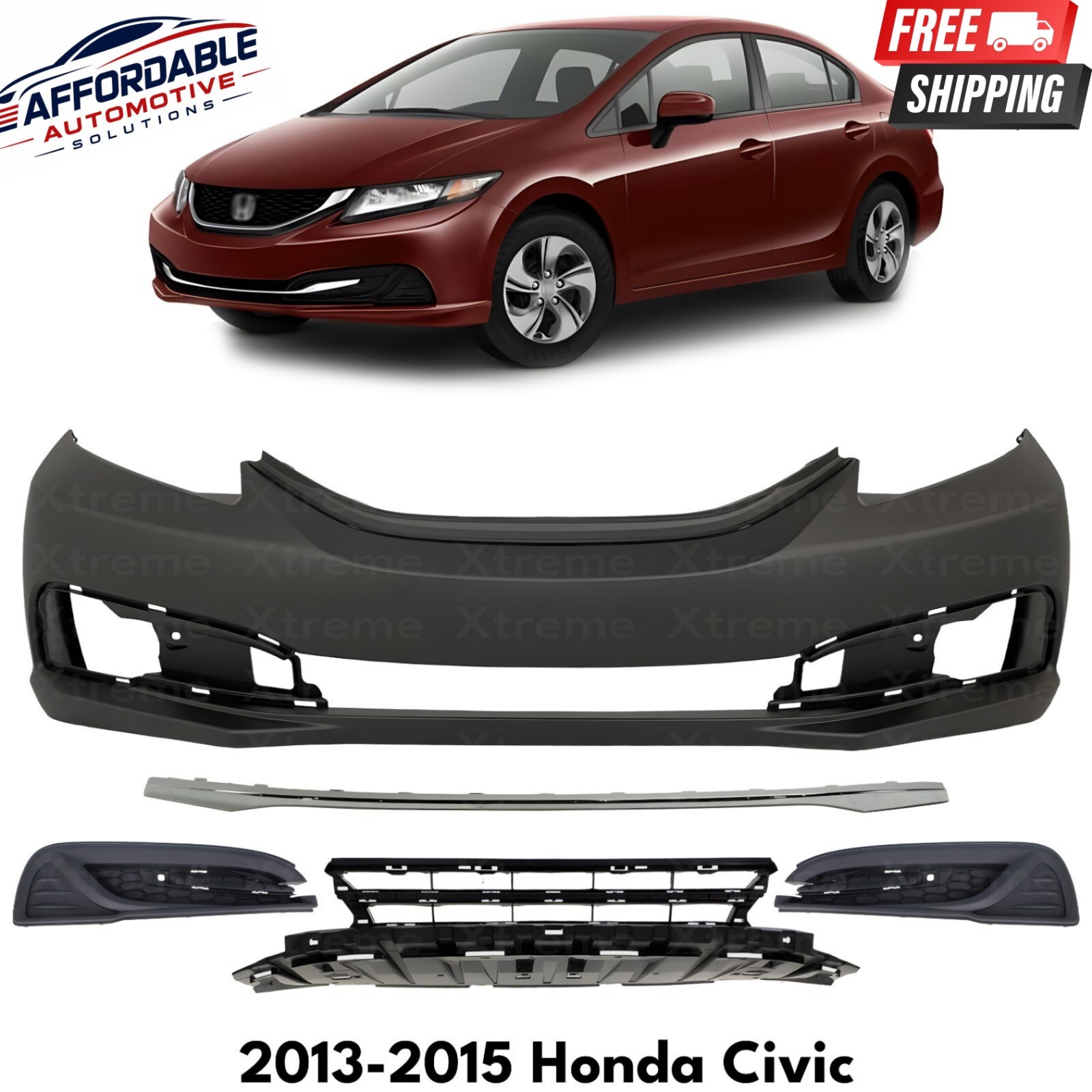 Front Bumper Cover Paintable & Fog Light Covers Kit For 2013-2015 Honda Civic