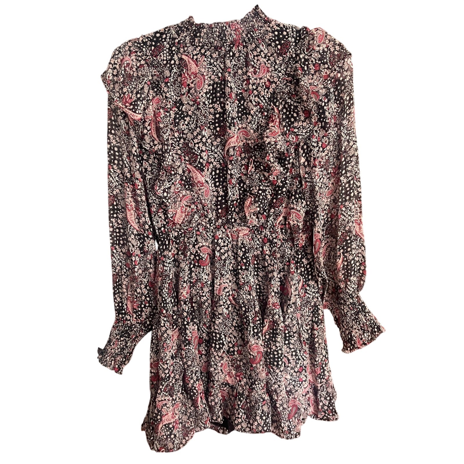 NWT Fate Womens Paisley Floral Ruffle Mini Dress Smocked Mock Neck Black Small