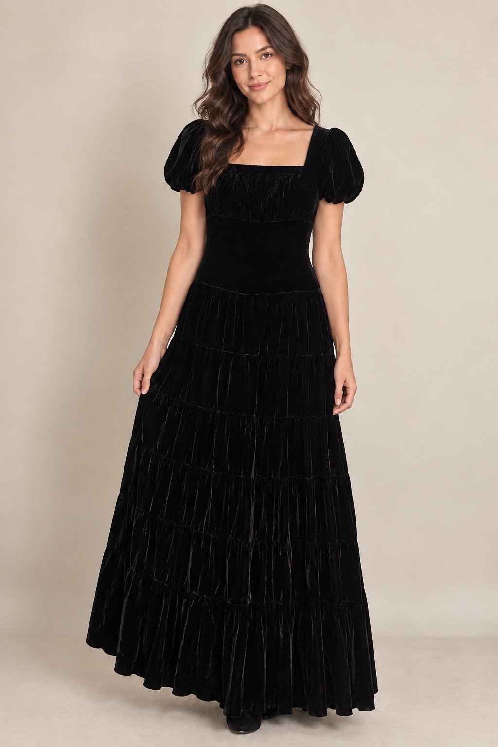 Black Velvet Maxi Dress Puff Sleeve Tiered Full Skirt Romantic Gothic Vintage