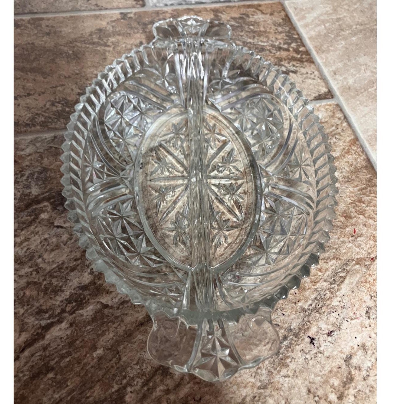 Vintage Clear Pressed Glass Divided Relish Dish Starburst Pattern Oval 10 Inch