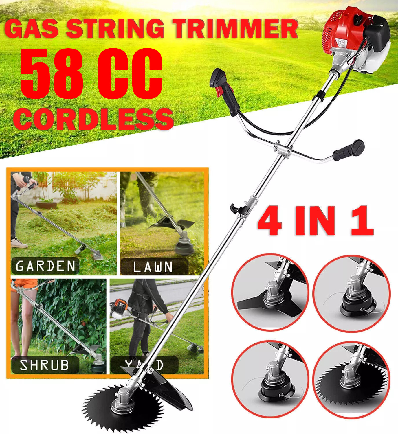 58CC 4 in 1 2-Stroke Grass String Trimmer Brush Cutter Gas Trimmer Weed Edger US