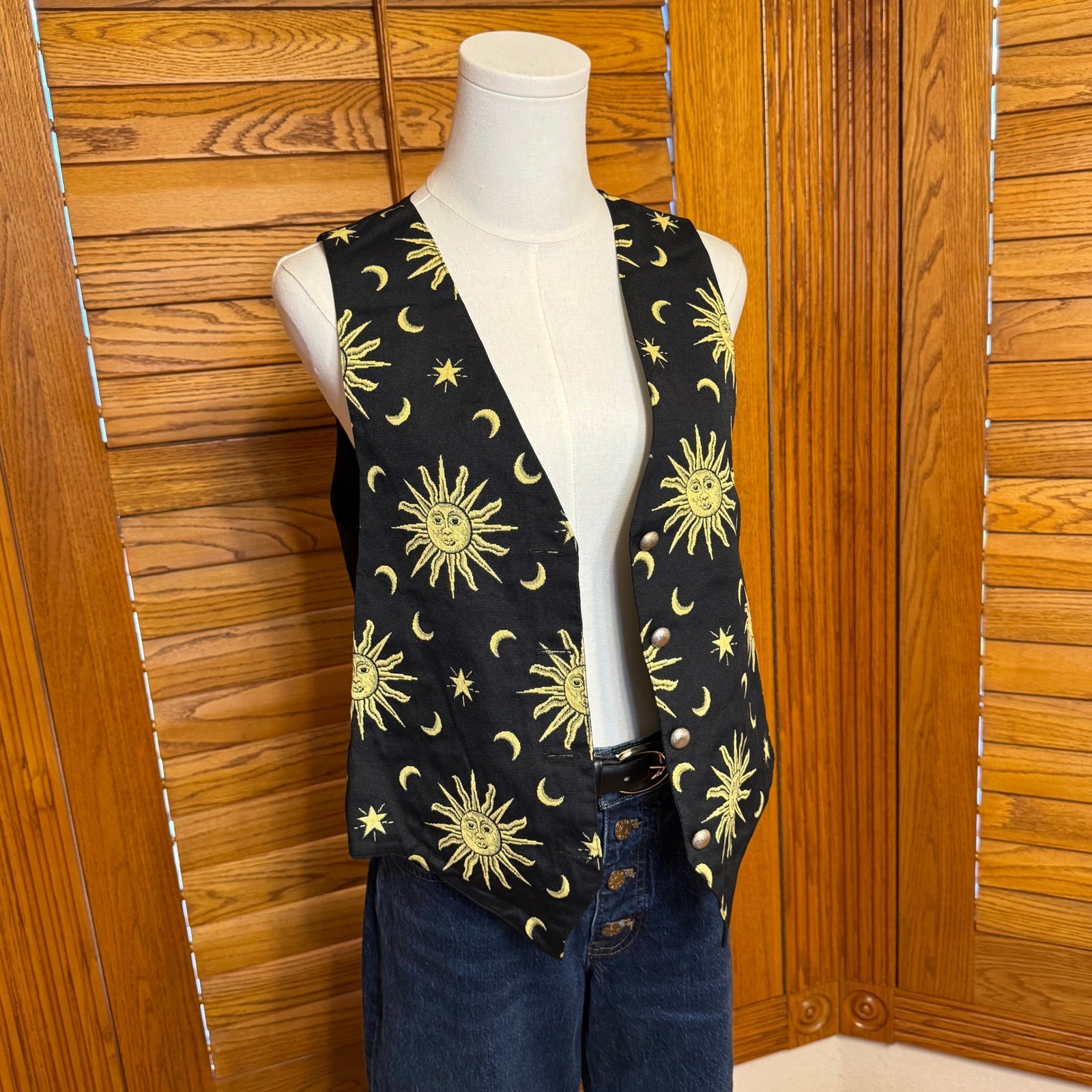 Nadia Vintage Celestial Sun Moon Star Vest Black Gold Italian Fabric Medium Nadia Vintage Celestial Sun Moon Star Vest Black Gold Italian Fabric Medium