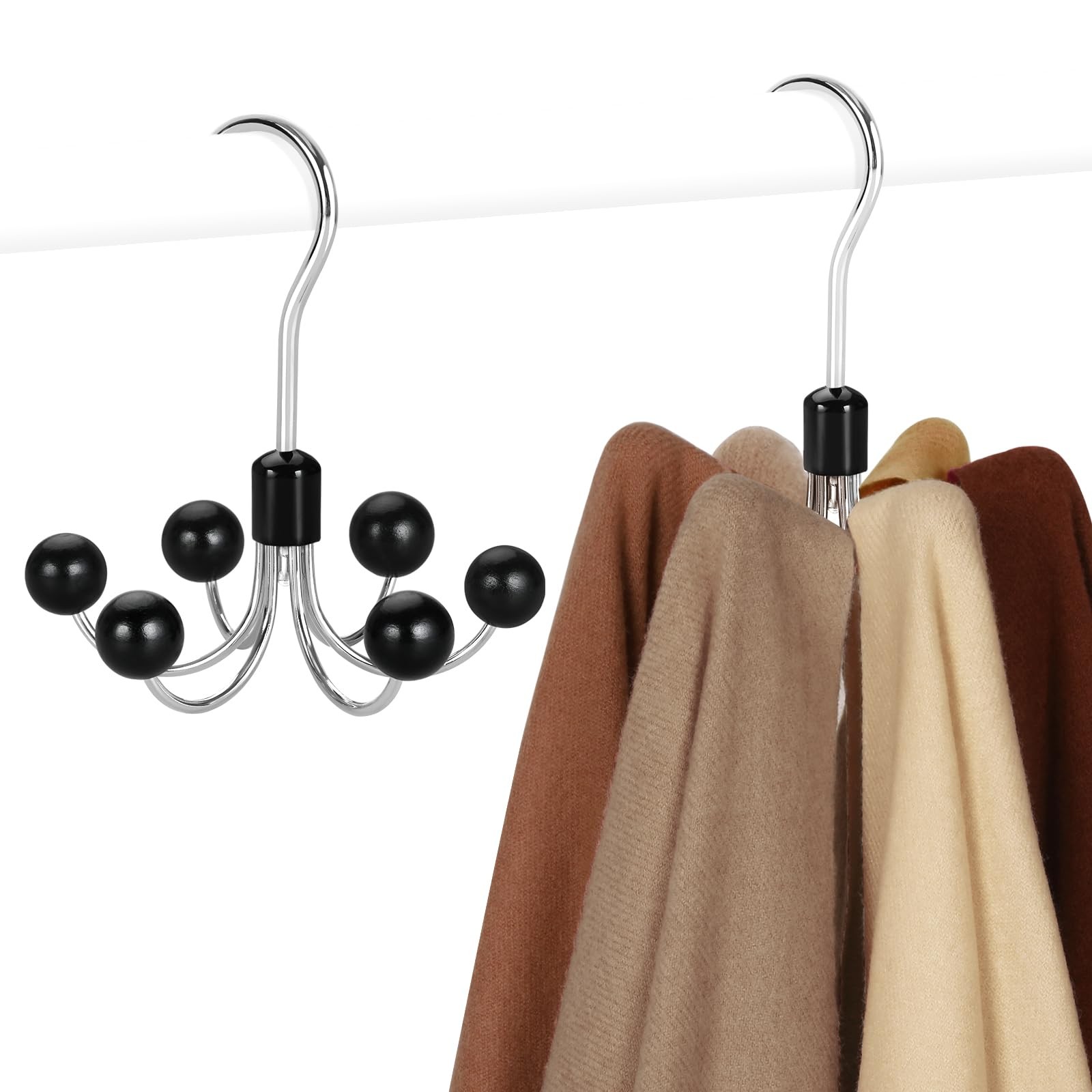 Hoodie Hangers 2-Pack with 6 Wood Balls, 360°Swivel Purse Hanger, Scarf Hange...