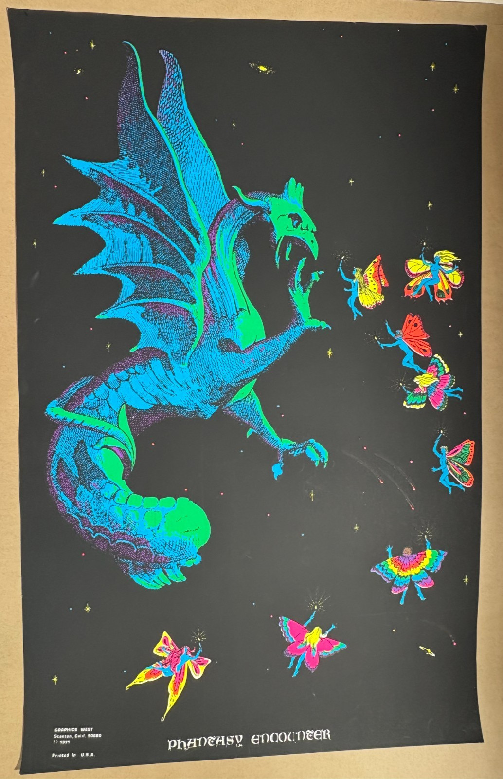 PHANTASY ENCOUNTER DRAGON VINTAGE 1971 BLACKLIGHT POSTER GRAPHICS WEST -NICE