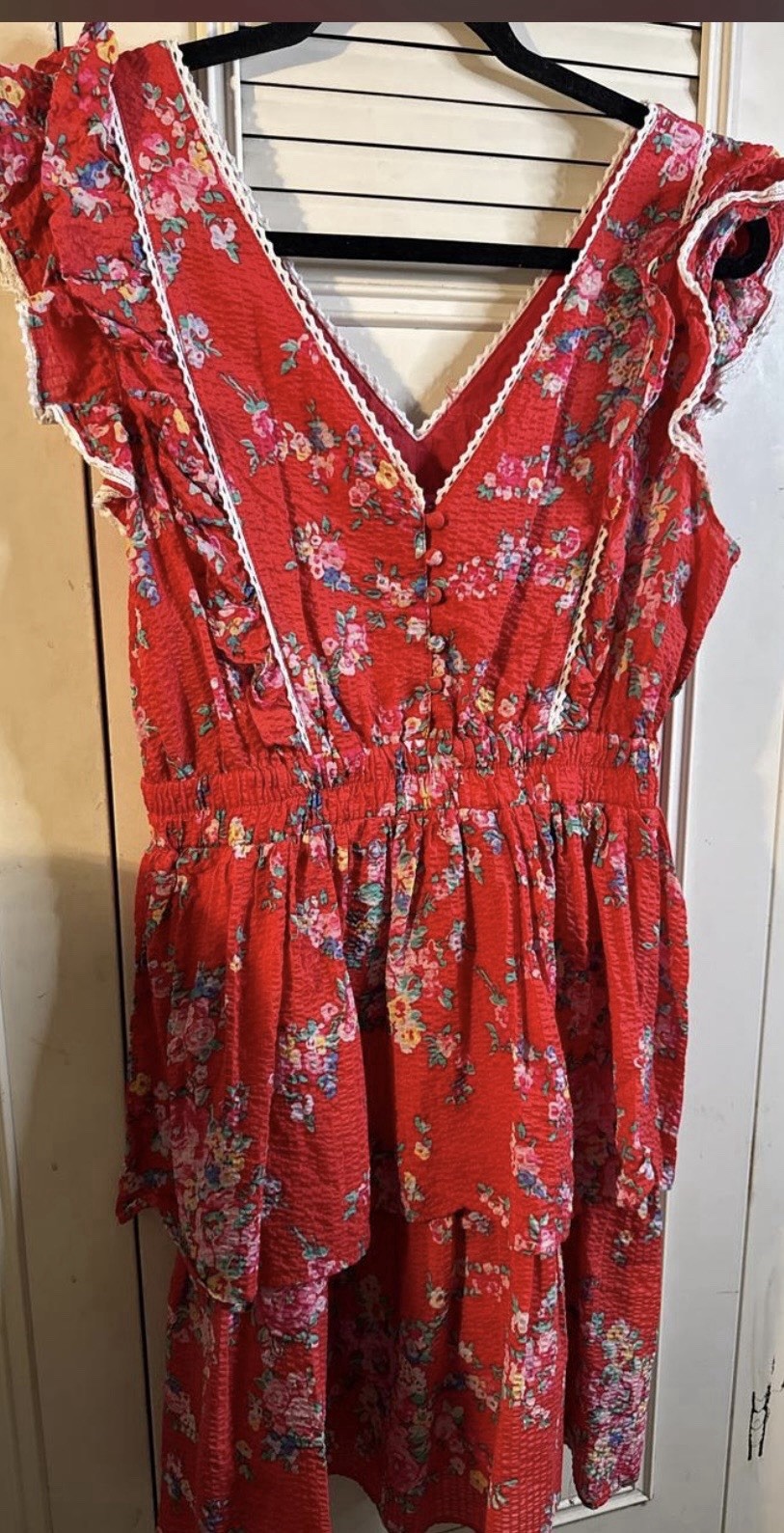 Betsey Johnson Bush Garden Seersucker Tiered Red Dress SZ S Cottage Core Betsey Johnson Bush Garden Seersucker Tiered Red Dress SZ S Cottage Core