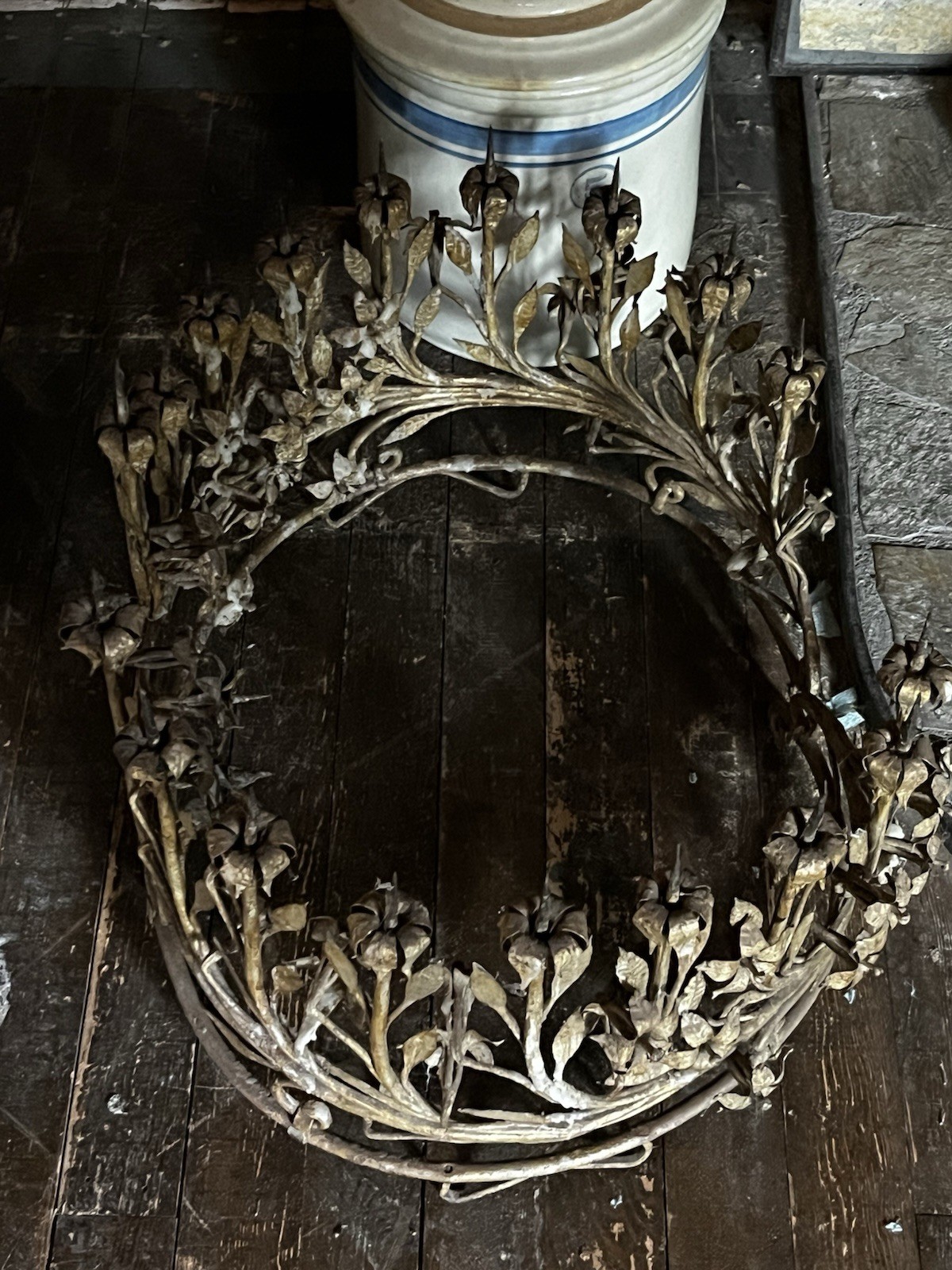 HUGE 1800s Italian Gilt Antique Wrought Iron 18 Candle Prickets Holders Circular