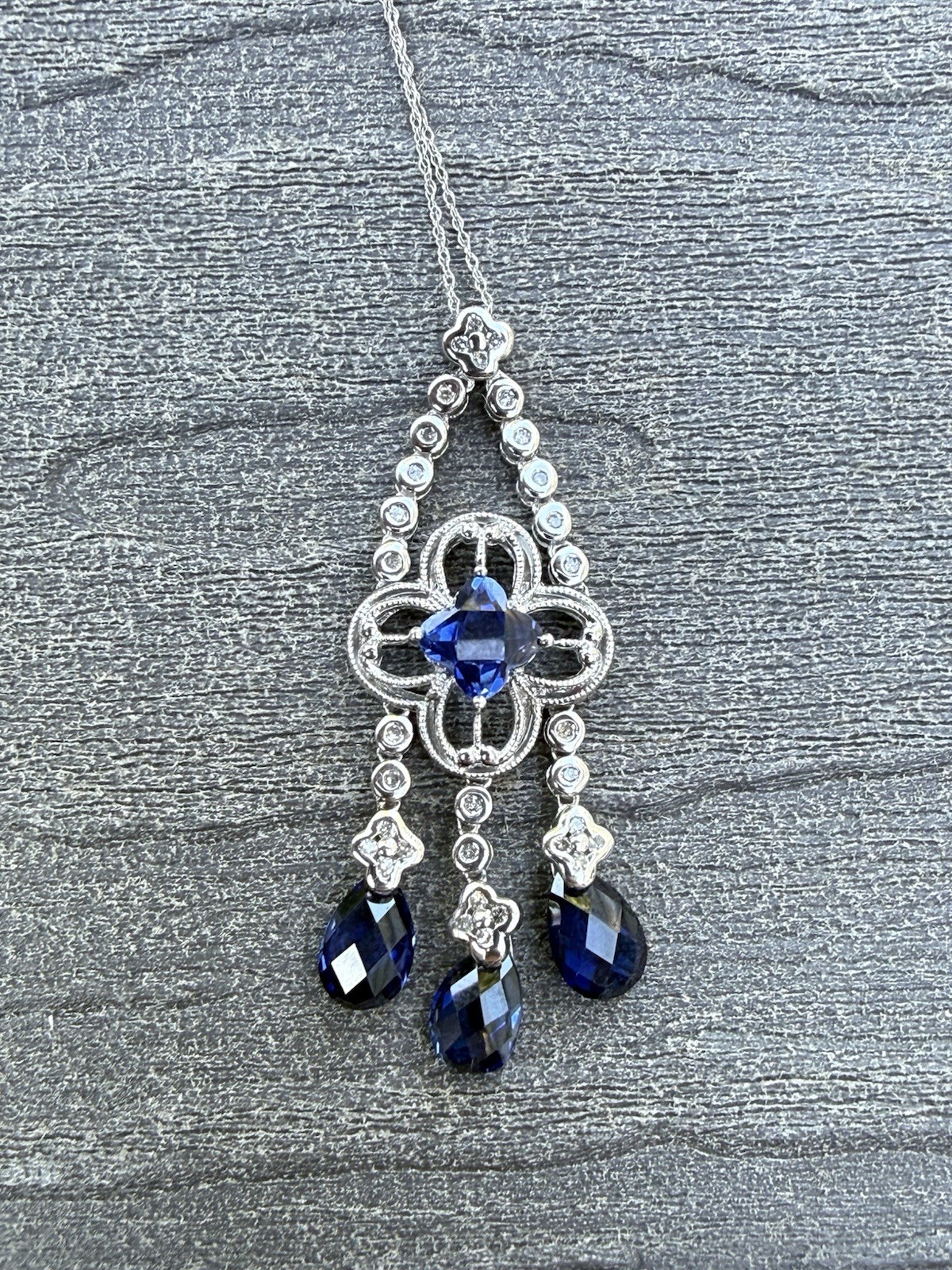 Estate 10k White Gold Diamond, Clover, Briollete Sapphire 2” Chandelier Necklace Estate 10k White Gold Diamond, Clover, Briollete Sapphire 2” Chandelier Necklace