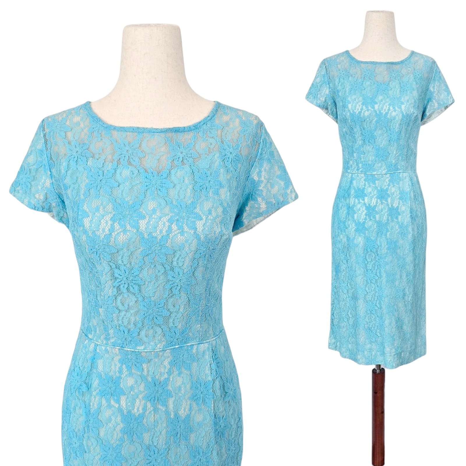 1950s Vintage Dress 50s Lace Wiggle Sheath Cocktail Blue Hourglass ILGWU Small 1950s Vintage Dress 50s Lace Wiggle Sheath Cocktail Blue Hourglass ILGWU Small