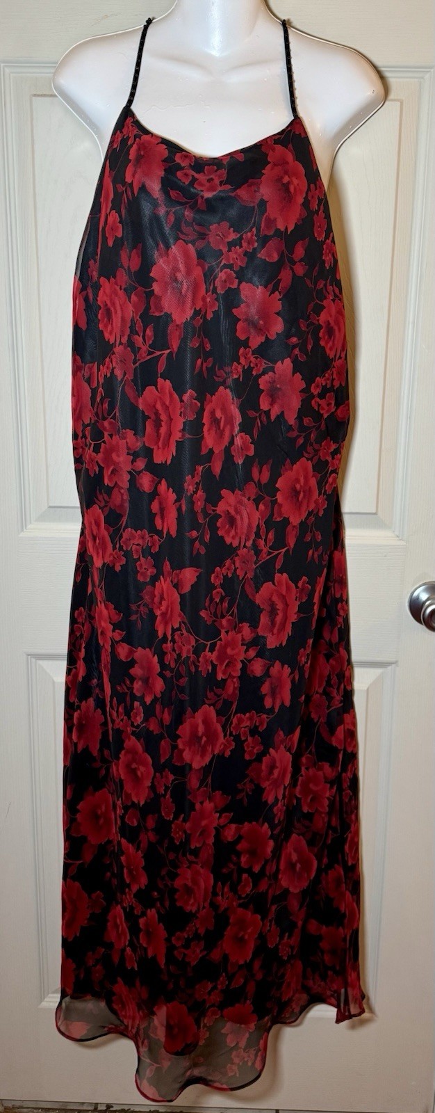 Vintage Valerie Stevens 90s Low Back, Black and Red sexy Floral Slip Dress Larg Vintage Valerie Stevens 90s Low Back, Black and Red sexy Floral Slip Dress Larg