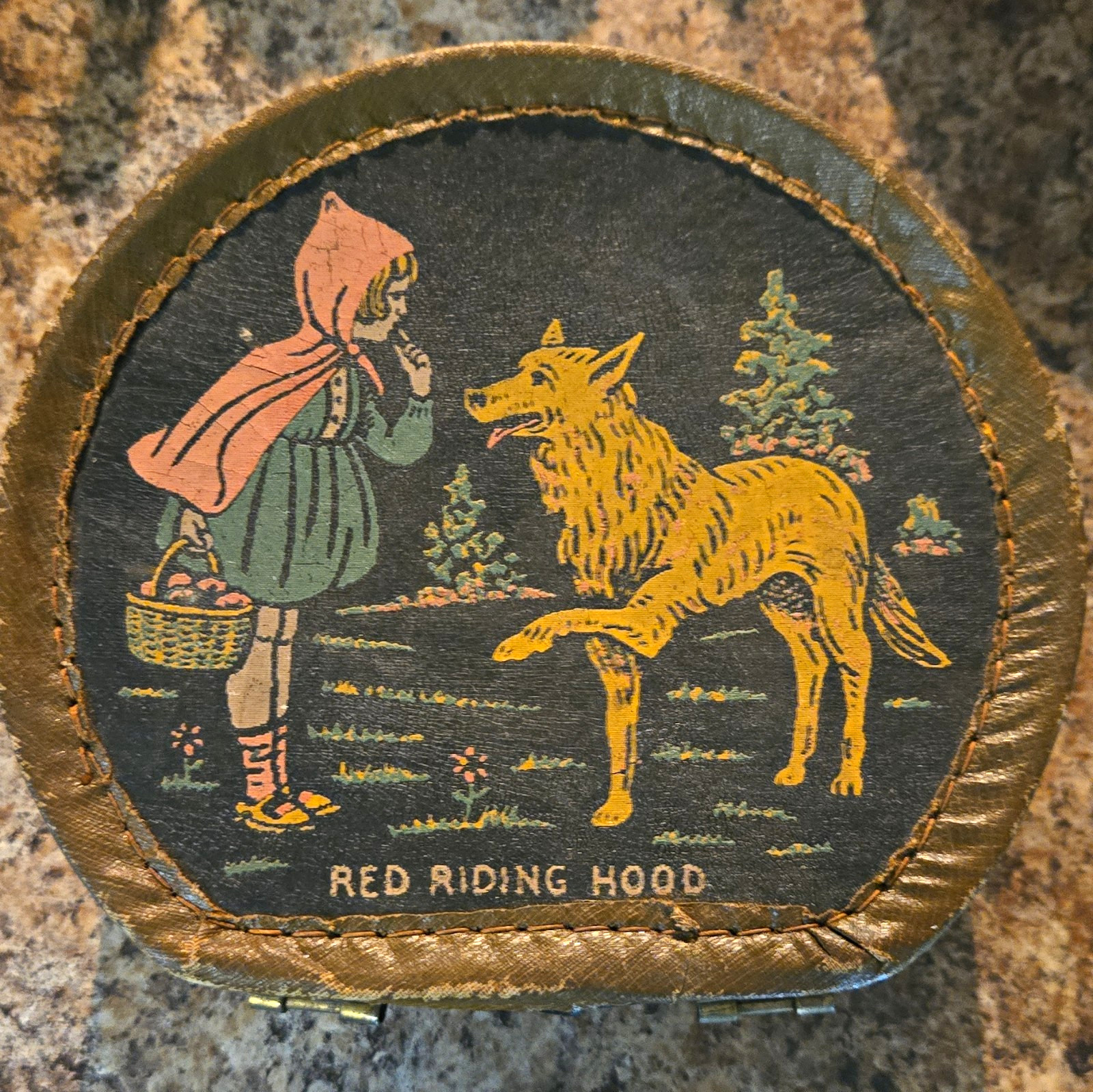 Vintage Little Red Riding Hood Oval Leather & Metal Box Case Lidded Handle Vintage Little Red Riding Hood Oval Leather & Metal Box Case Lidded Handle