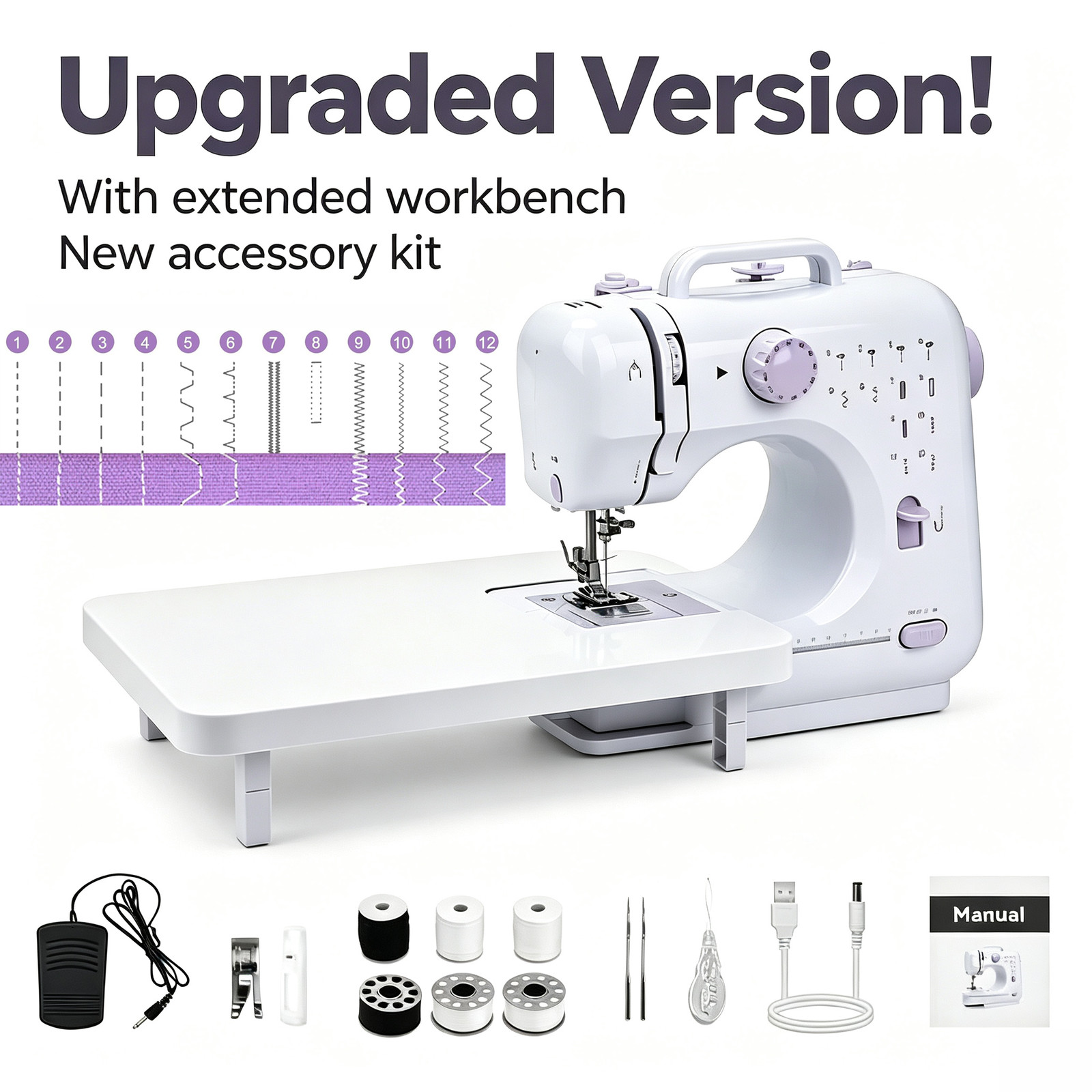 Electric Sewing Machine 12 Stitches Household Sewing Machine w/ Extension Table
