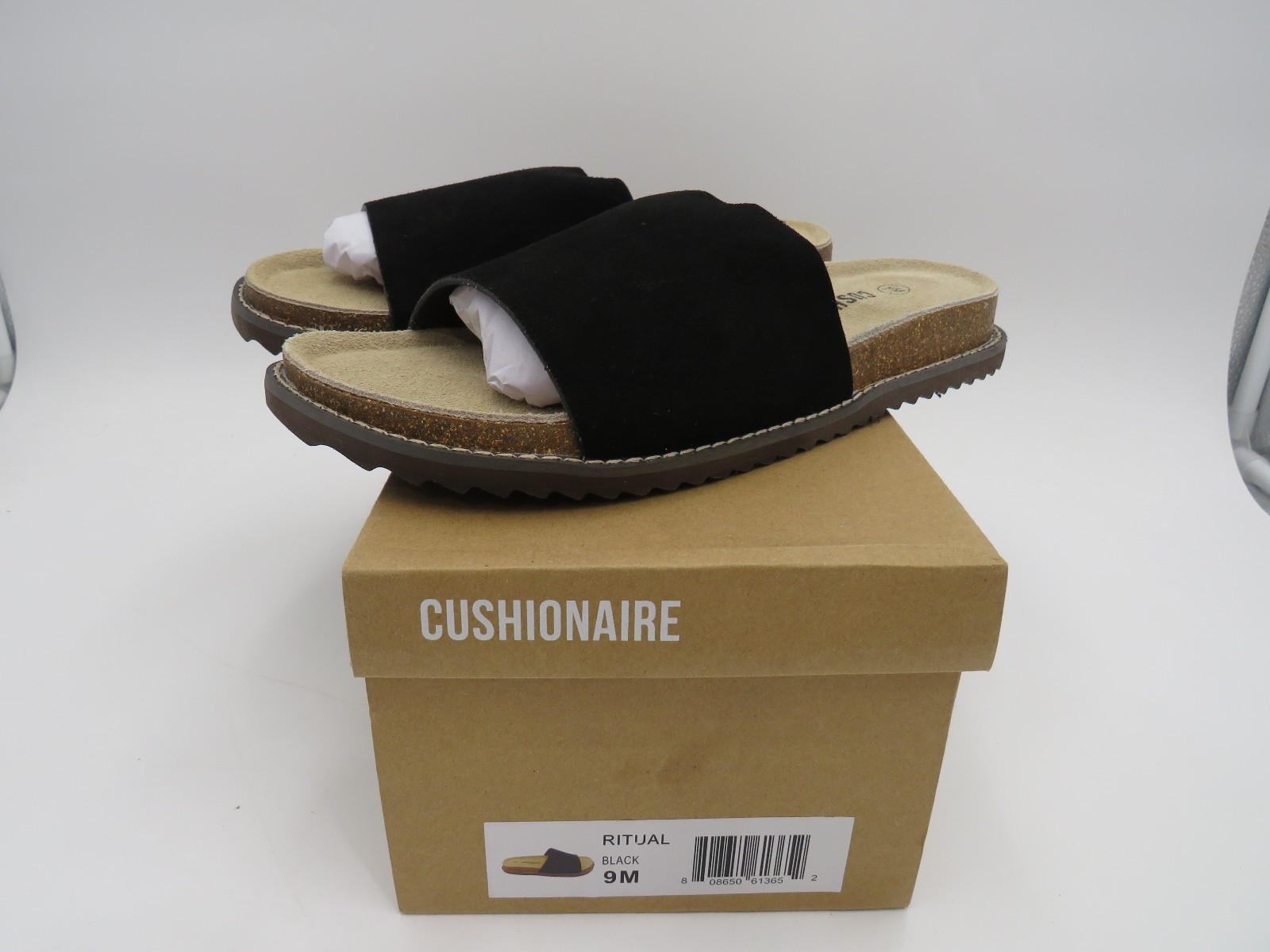 CUSHIONAIRE Ritual Women’s Sandal Suede Slip-On with Cork Footbed Black Size 9