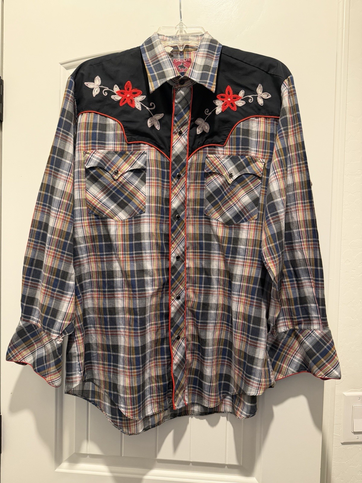 Vintage Chute #1 Western Shirt Mens 16-33 Plaid Embroidered Floral Pearl Snap
