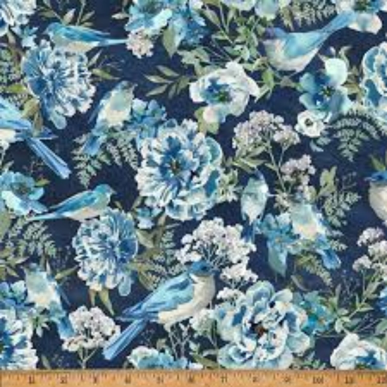 Porch View Cotton Fabric Dark Blue Flowers Birds  Hoffman By The Yard 