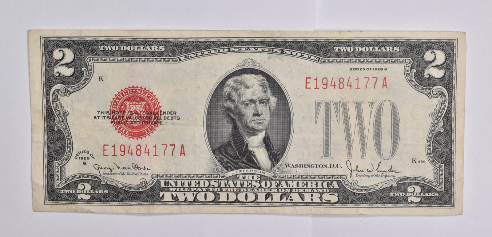 1928-G $2 RED SEAL US United States Note Avg Circ 1928-G $2 RED SEAL US United States Note Avg Circ